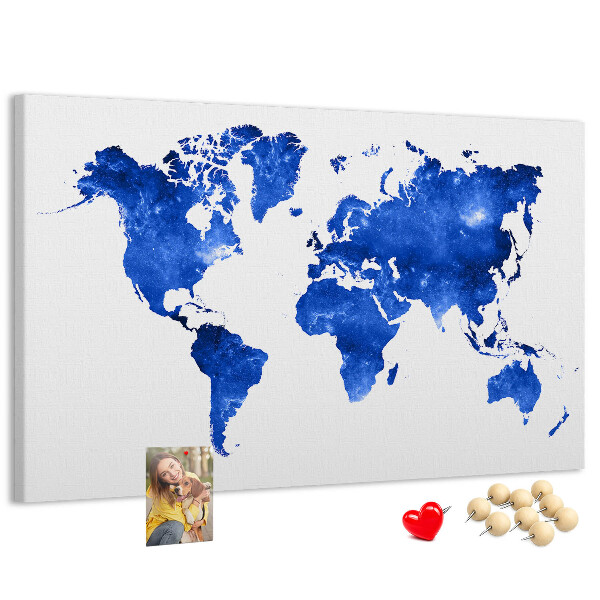 Tableau en liège carte du monde à l'aquarelle bleue