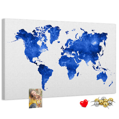 Tableau en liège carte du monde à l'aquarelle bleue