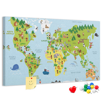 Tableau en liège Carte du monde colorée avec des figures d'animaux.