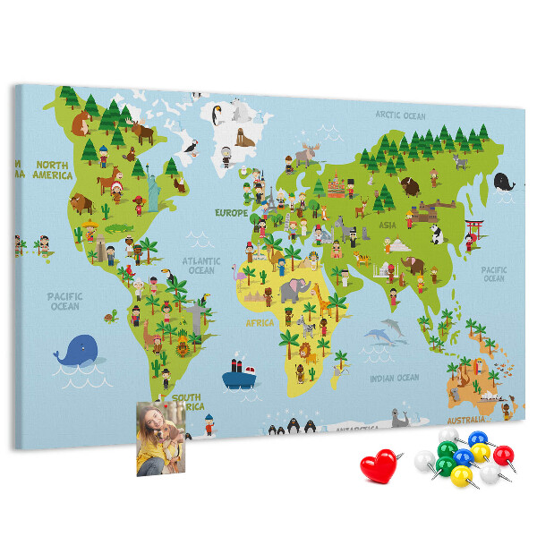 Tableau en liège Carte du monde colorée avec des figures d'animaux.