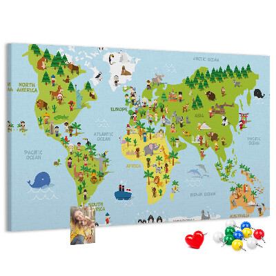 Tableau en liège Carte du monde colorée avec des figures d'animaux.