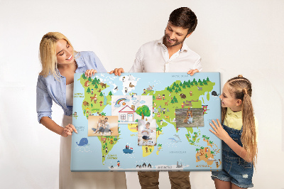 Tableau en liège Carte du monde colorée avec des figures d'animaux.