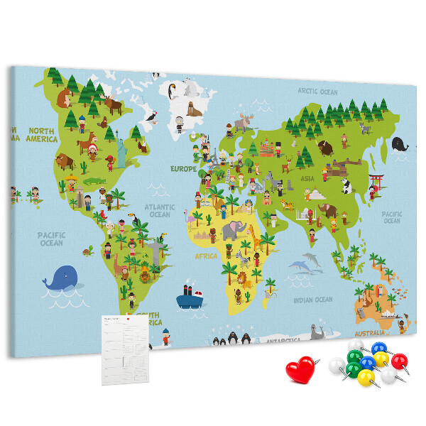 Tableau en liège Carte du monde colorée avec des figures d'animaux.