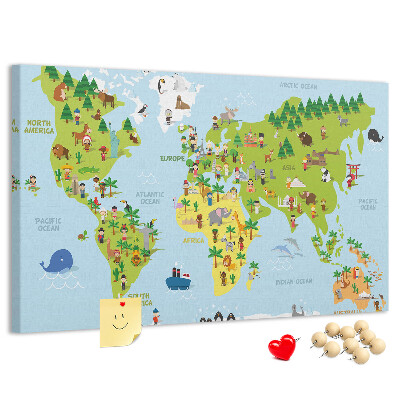 Tableau en liège Carte du monde colorée avec des figures d'animaux.