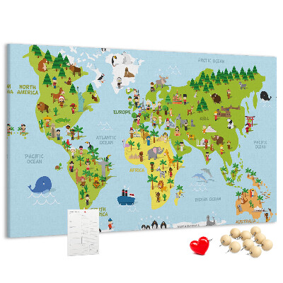 Tableau en liège Carte du monde colorée avec des figures d'animaux.