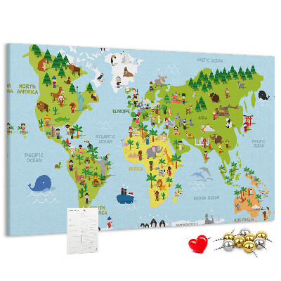 Tableau en liège Carte du monde colorée avec des figures d'animaux.
