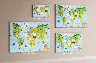 Tableau en liège Carte du monde colorée avec des figures d'animaux.