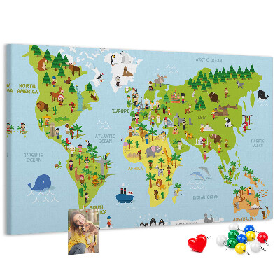 Tableau en liège Carte du monde colorée avec des figures d'animaux.