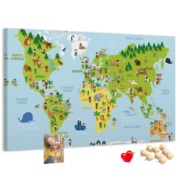 Tableau en liège Carte du monde colorée avec des figures d'animaux.