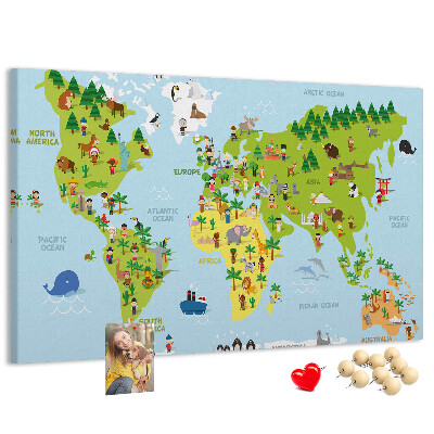 Tableau en liège Carte du monde colorée avec des figures d'animaux.