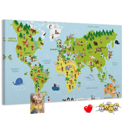 Tableau en liège Carte du monde colorée avec des figures d'animaux.