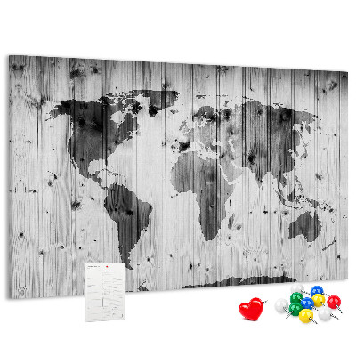 Tableau de liège Une carte du monde sur un fond de planches de bois