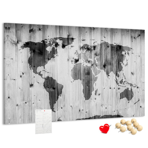Tableau de liège Une carte du monde sur un fond de planches de bois
