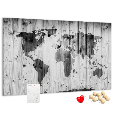 Tableau de liège Une carte du monde sur un fond de planches de bois