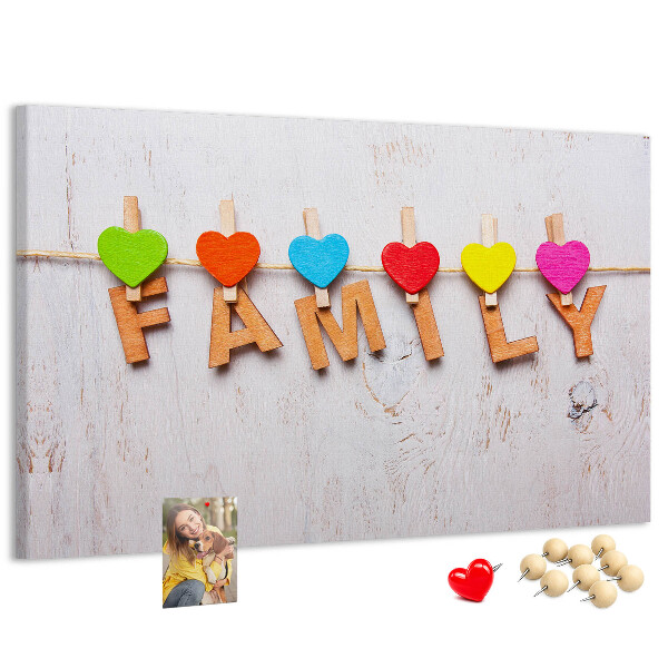 Tableau en liège Cœurs familiaux sur fond de bois