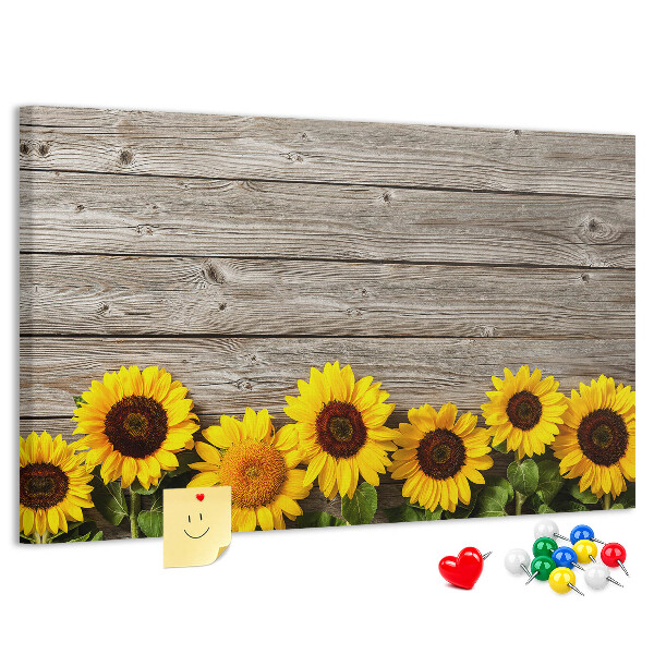 Tableau affichage liège Tournesols sur fond de planches de bois