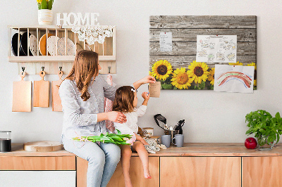 Tableau affichage liège Tournesols sur fond de planches de bois