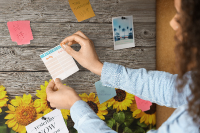 Tableau affichage liège Tournesols sur fond de planches de bois