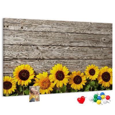 Tableau affichage liège Tournesols sur fond de planches de bois