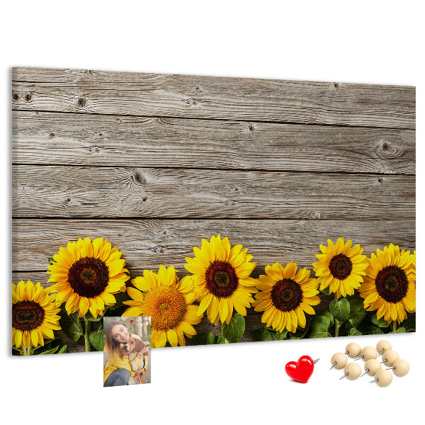 Tableau affichage liège Tournesols sur fond de planches de bois