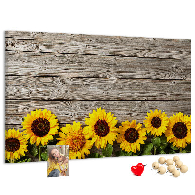 Tableau affichage liège Tournesols sur fond de planches de bois