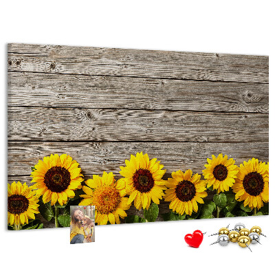 Tableau affichage liège Tournesols sur fond de planches de bois