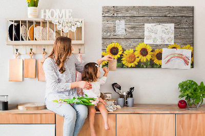 Tableau affichage liège Tournesols sur fond de planches de bois