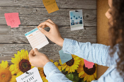 Tableau affichage liège Tournesols sur fond de planches de bois