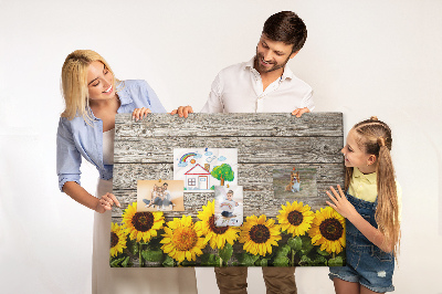 Tableau affichage liège Tournesols sur fond de planches de bois