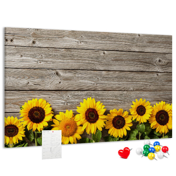 Tableau affichage liège Tournesols sur fond de planches de bois