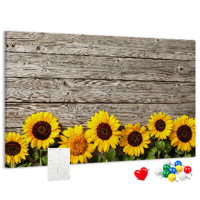 Tableau affichage liège Tournesols sur fond de planches de bois