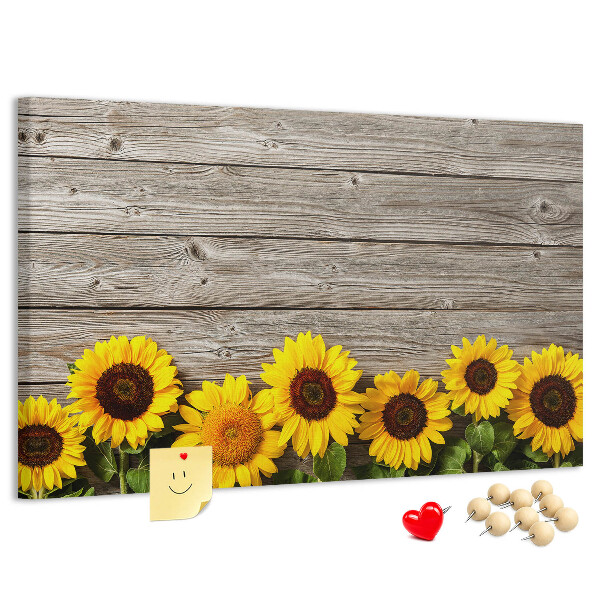 Tableau affichage liège Tournesols sur fond de planches de bois