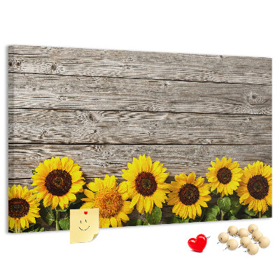 Tableau affichage liège Tournesols sur fond de planches de bois