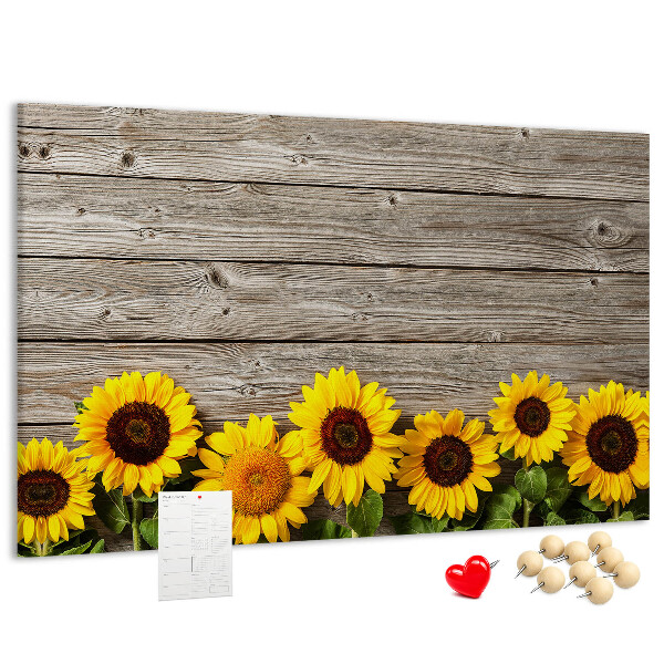 Tableau affichage liège Tournesols sur fond de planches de bois