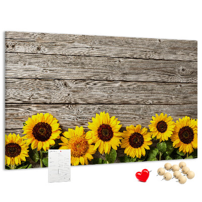 Tableau affichage liège Tournesols sur fond de planches de bois
