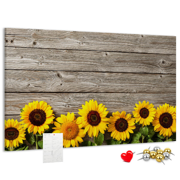 Tableau affichage liège Tournesols sur fond de planches de bois