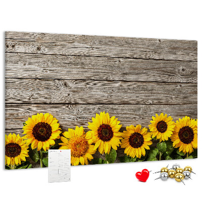 Tableau affichage liège Tournesols sur fond de planches de bois