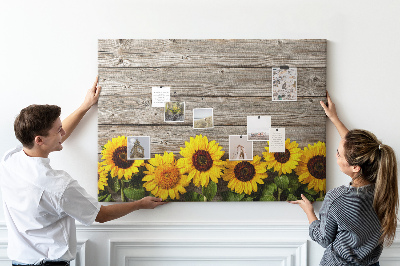 Tableau affichage liège Tournesols sur fond de planches de bois