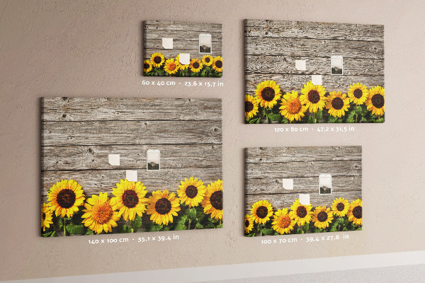 Tableau affichage liège Tournesols sur fond de planches de bois