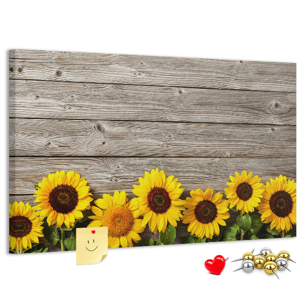 Tableau affichage liège Tournesols sur fond de planches de bois