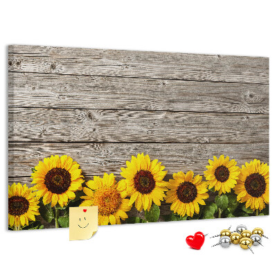Tableau affichage liège Tournesols sur fond de planches de bois