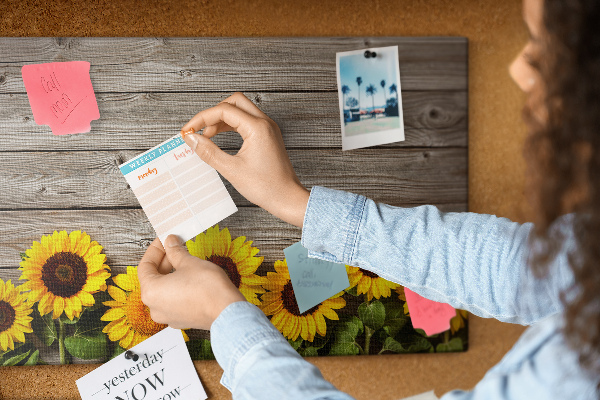 Tableau affichage liège Tournesols sur fond de planches de bois