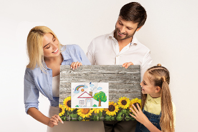 Tableau affichage liège Tournesols sur fond de planches de bois
