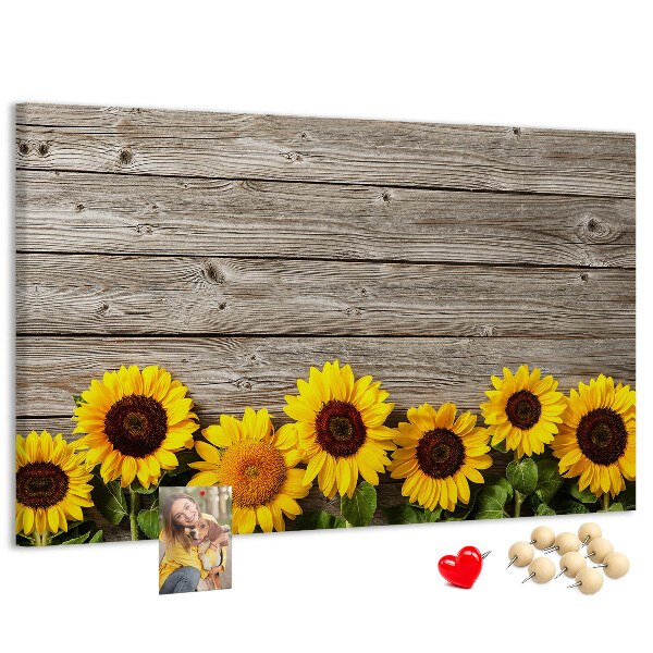 Tableau affichage liège Tournesols sur fond de planches de bois