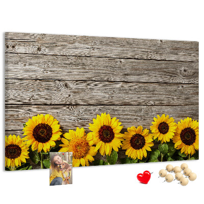 Tableau affichage liège Tournesols sur fond de planches de bois