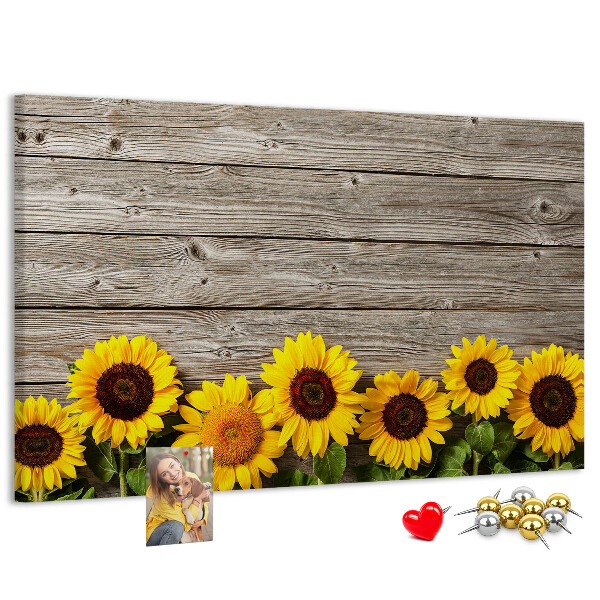 Tableau affichage liège Tournesols sur fond de planches de bois