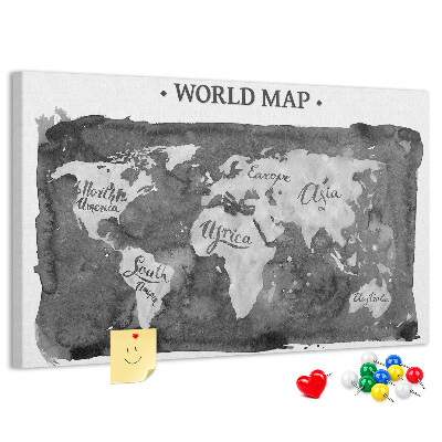 Tableau affichage liège Carte du monde en nuances de gris