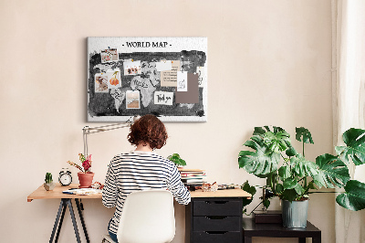 Tableau affichage liège Carte du monde en nuances de gris