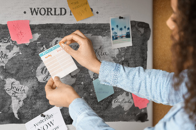 Tableau affichage liège Carte du monde en nuances de gris