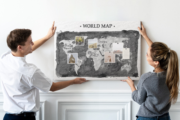 Tableau affichage liège Carte du monde en nuances de gris